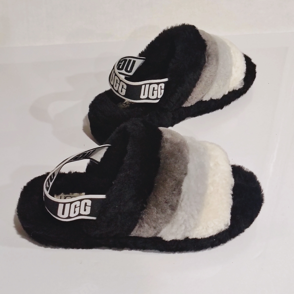 Ugg Fluff Stripe Slide Sandals - Black/Grey/Cream